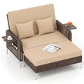 2 Piece Patio Rattan Daybed Wicker Loveseat and Ottoman with Adjustable Backrest-Brown