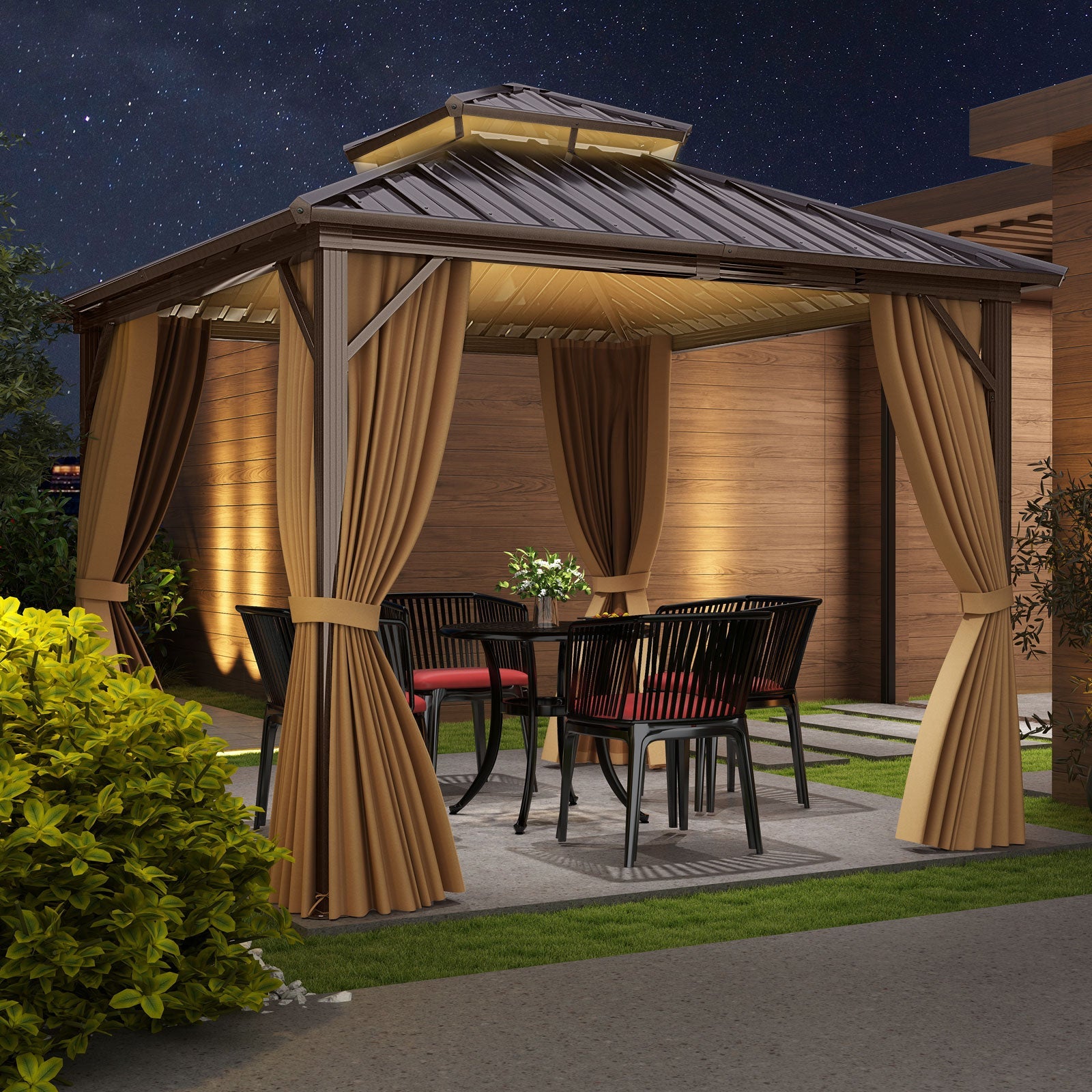 10 X 10 Feet Hardtop Gazebo with Netting and Curtain for Patio Backyard-Coffee