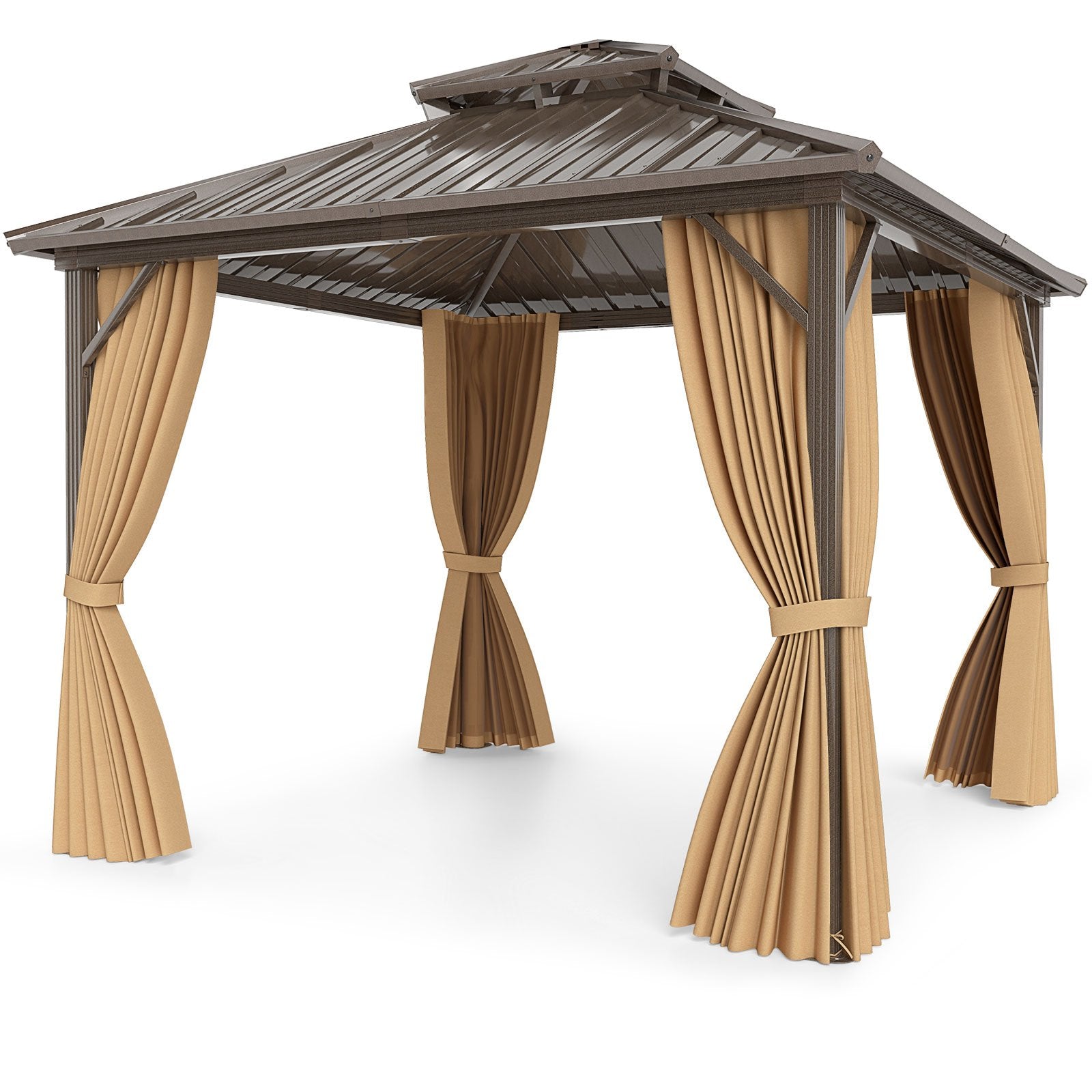 10 X 10 Feet Hardtop Gazebo with Netting and Curtain for Patio Backyard-Coffee