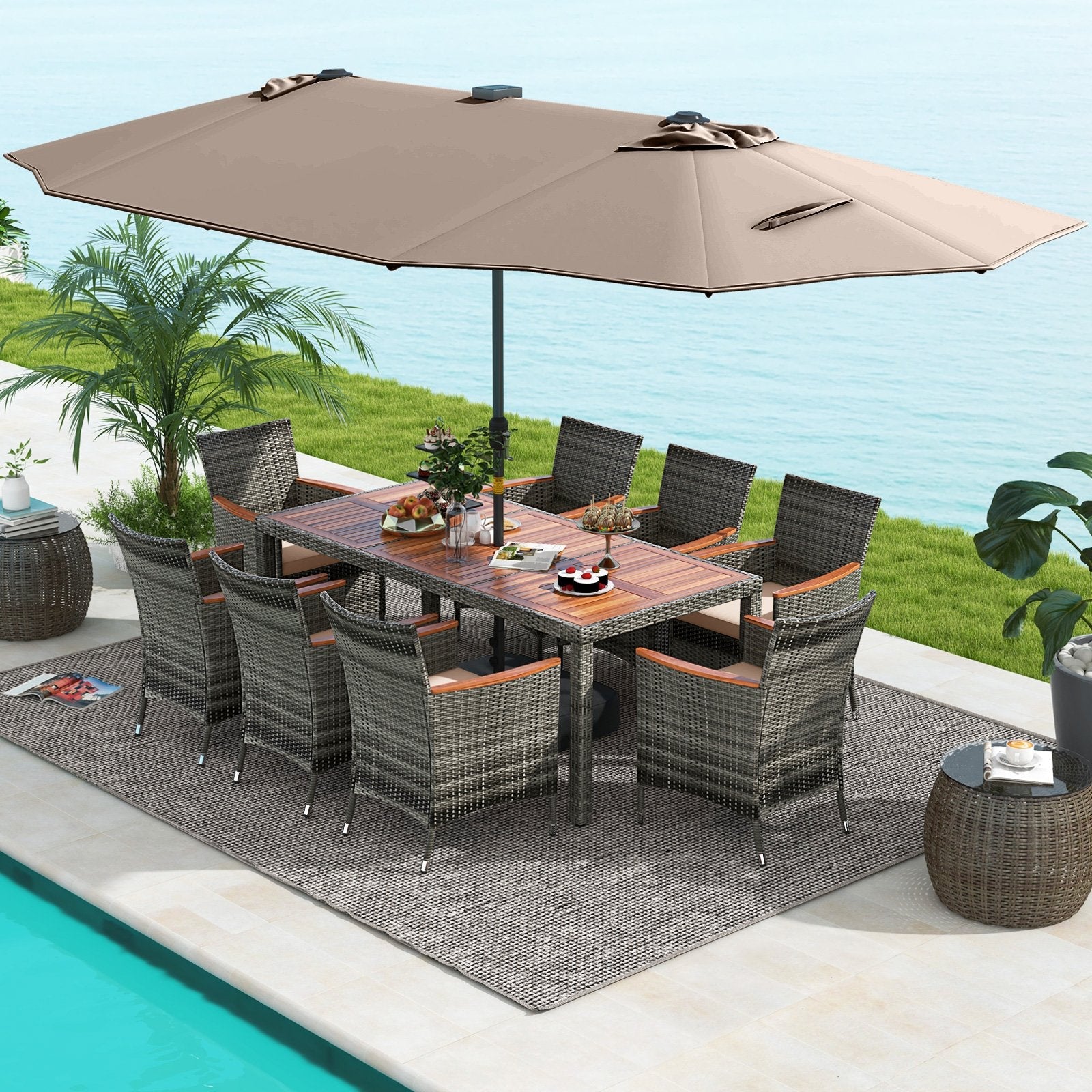 11 Pieces Patio Dining Set with 15 Feet Double-Sided Patio Umbrella Base Included-Beige