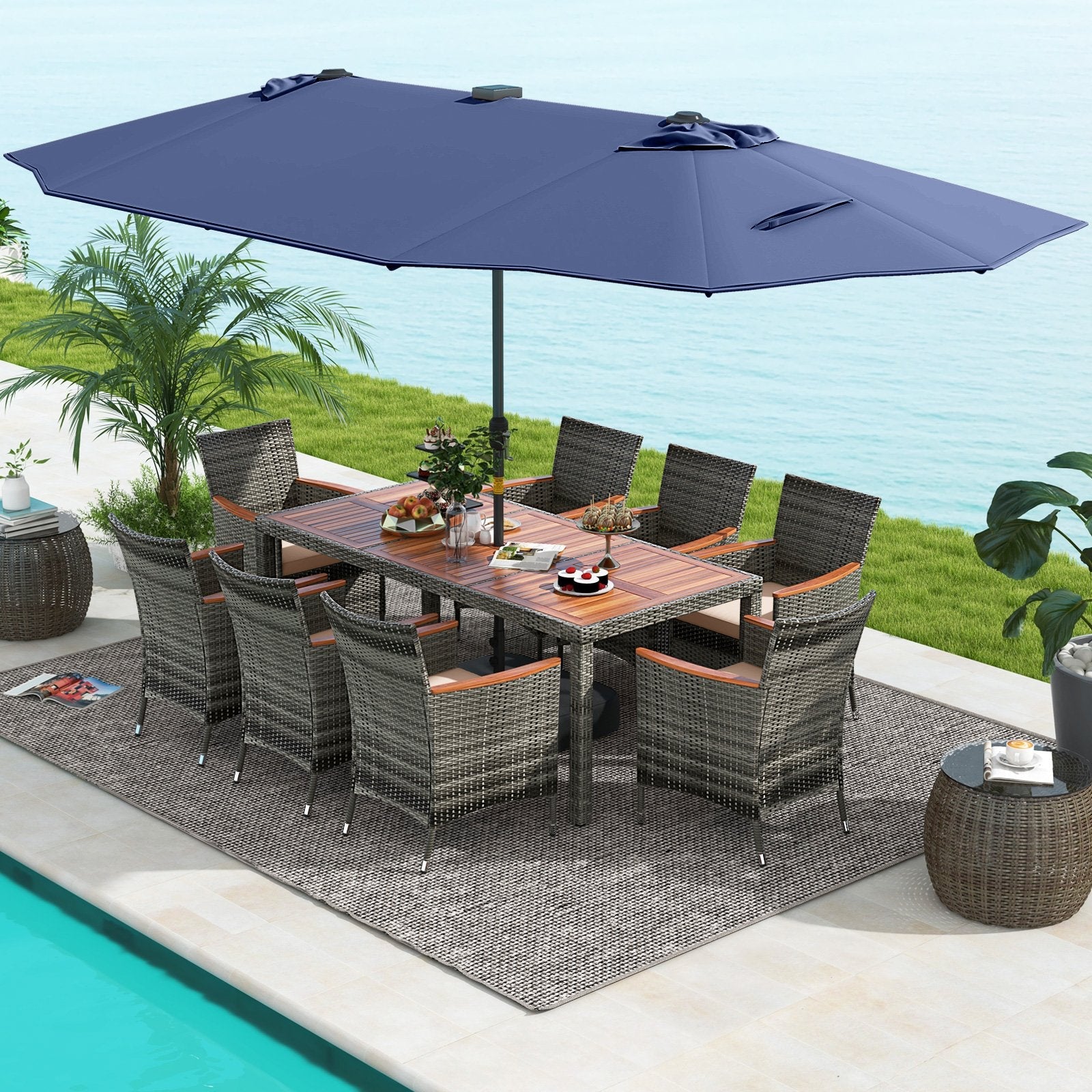 11 Pieces Patio Dining Set with 15 Feet Double-Sided Patio Umbrella Base Included-Beige