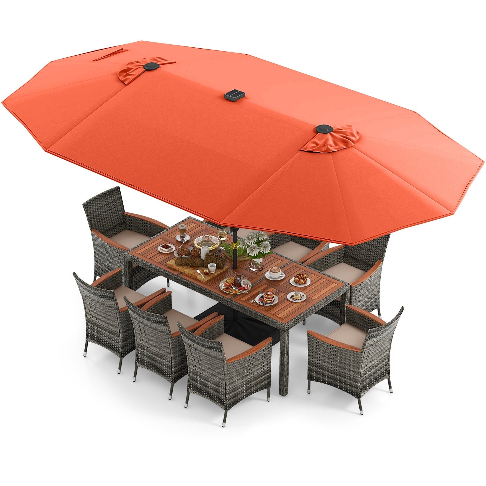 11 Pieces Patio Dining Set with 15 Feet Double-Sided Patio Umbrella Base Included-Beige