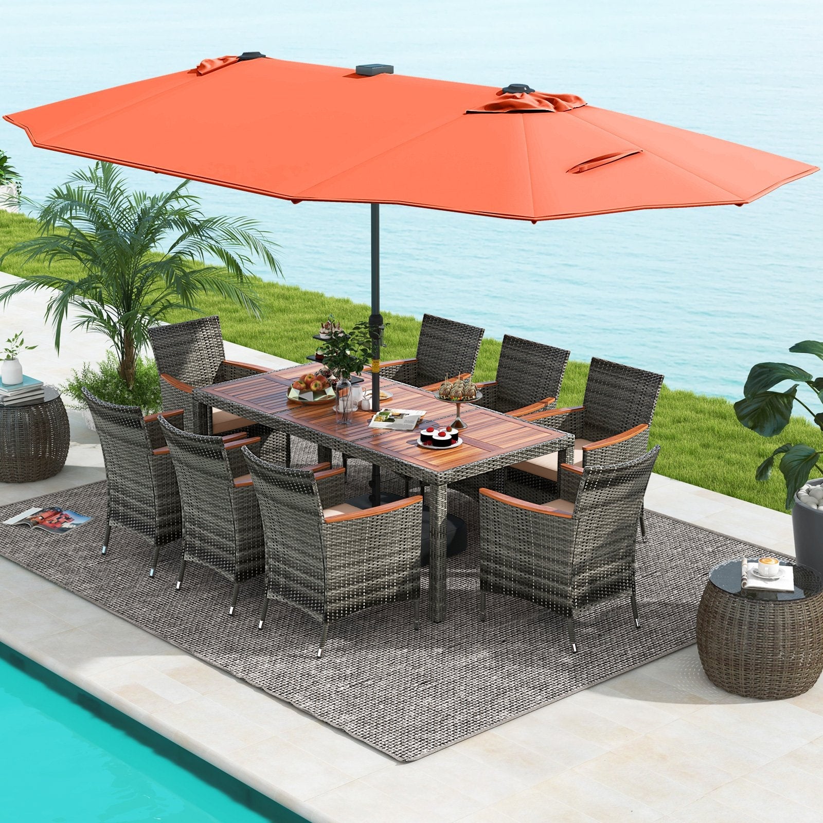 11 Pieces Patio Dining Set with 15 Feet Double-Sided Patio Umbrella Base Included-Beige