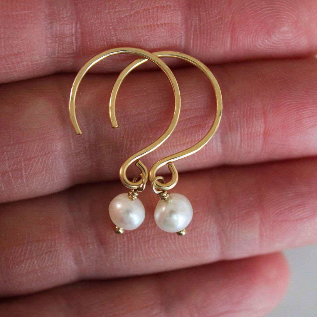 14K Gold Fill - SMALL Hammered Hoops with Freshwater Pearls