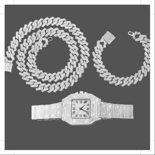 14MM Cuban Link Chain, Bracelet and Watch Set - Silver