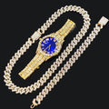 14MM Cuban Link Chain, Bracelet, Blue Face Watch - Gold