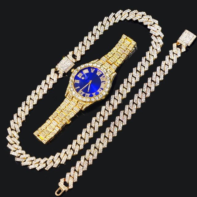 14MM Cuban Link Chain, Bracelet, Blue Face Watch - Gold