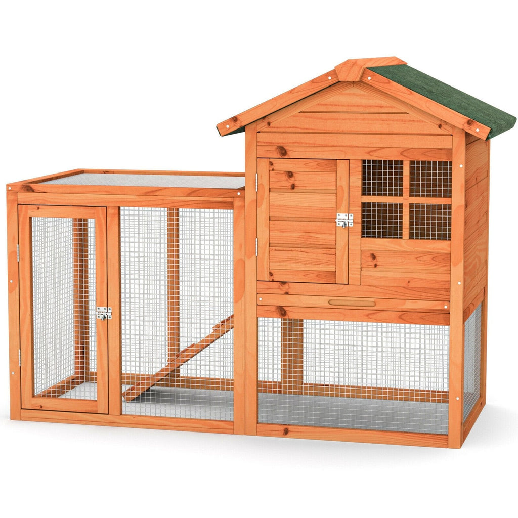 2-Story Wooden Rabbit Hutch with Running Area-Gray