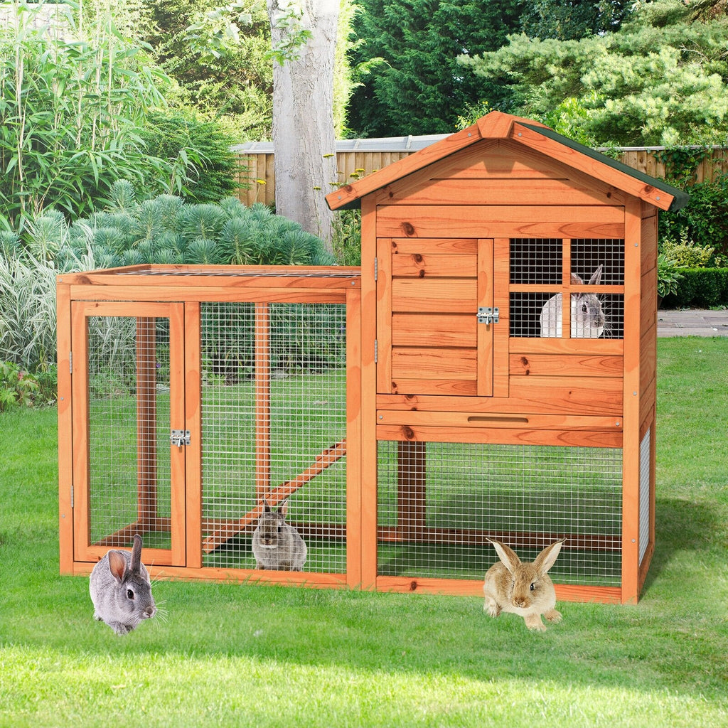 2-Story Wooden Rabbit Hutch with Running Area-Gray
