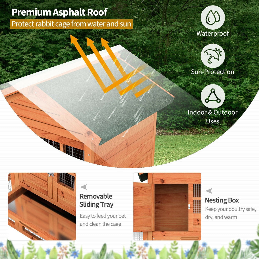 2-Story Wooden Rabbit Hutch with Running Area-Gray