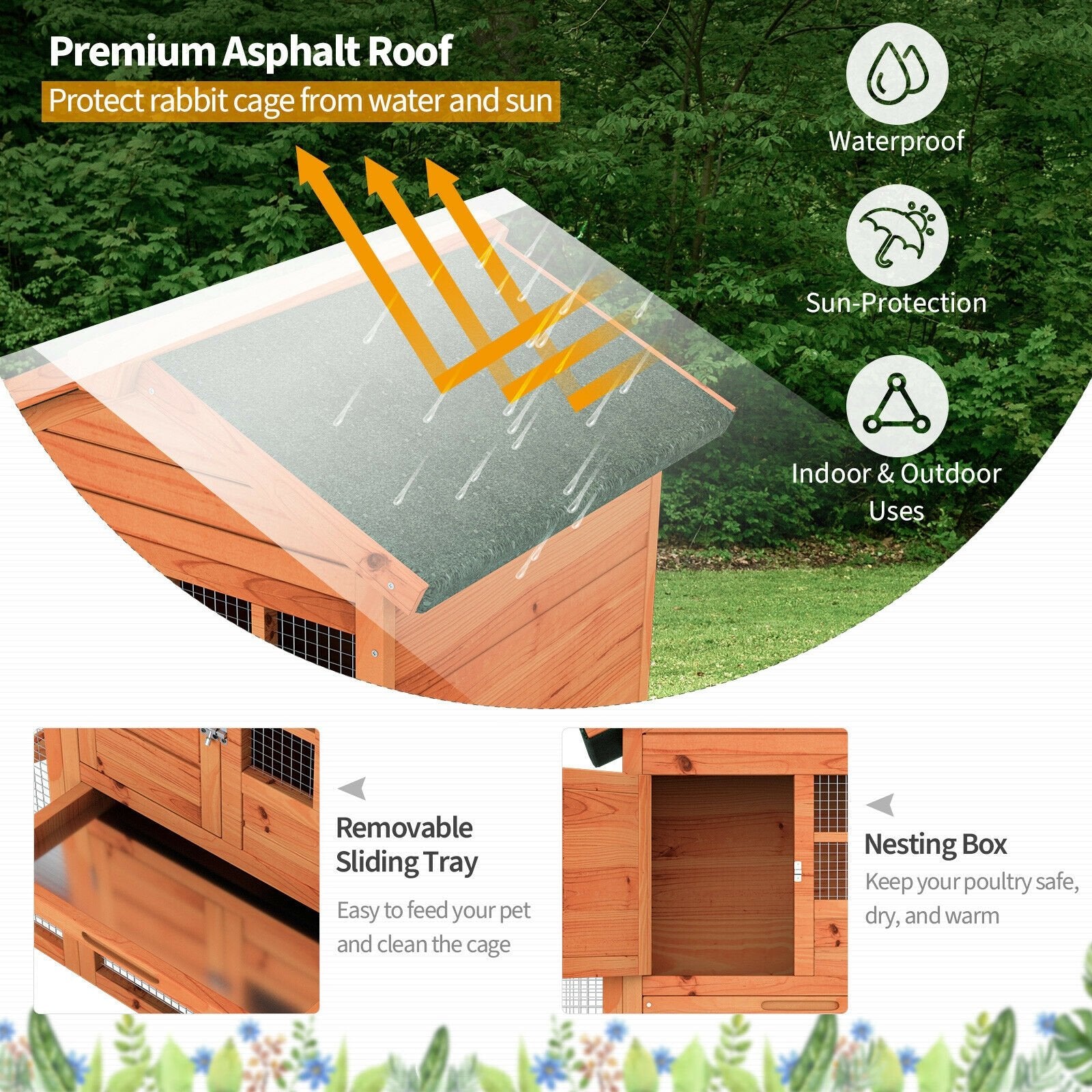 2-Story Wooden Rabbit Hutch with Running Area-Gray
