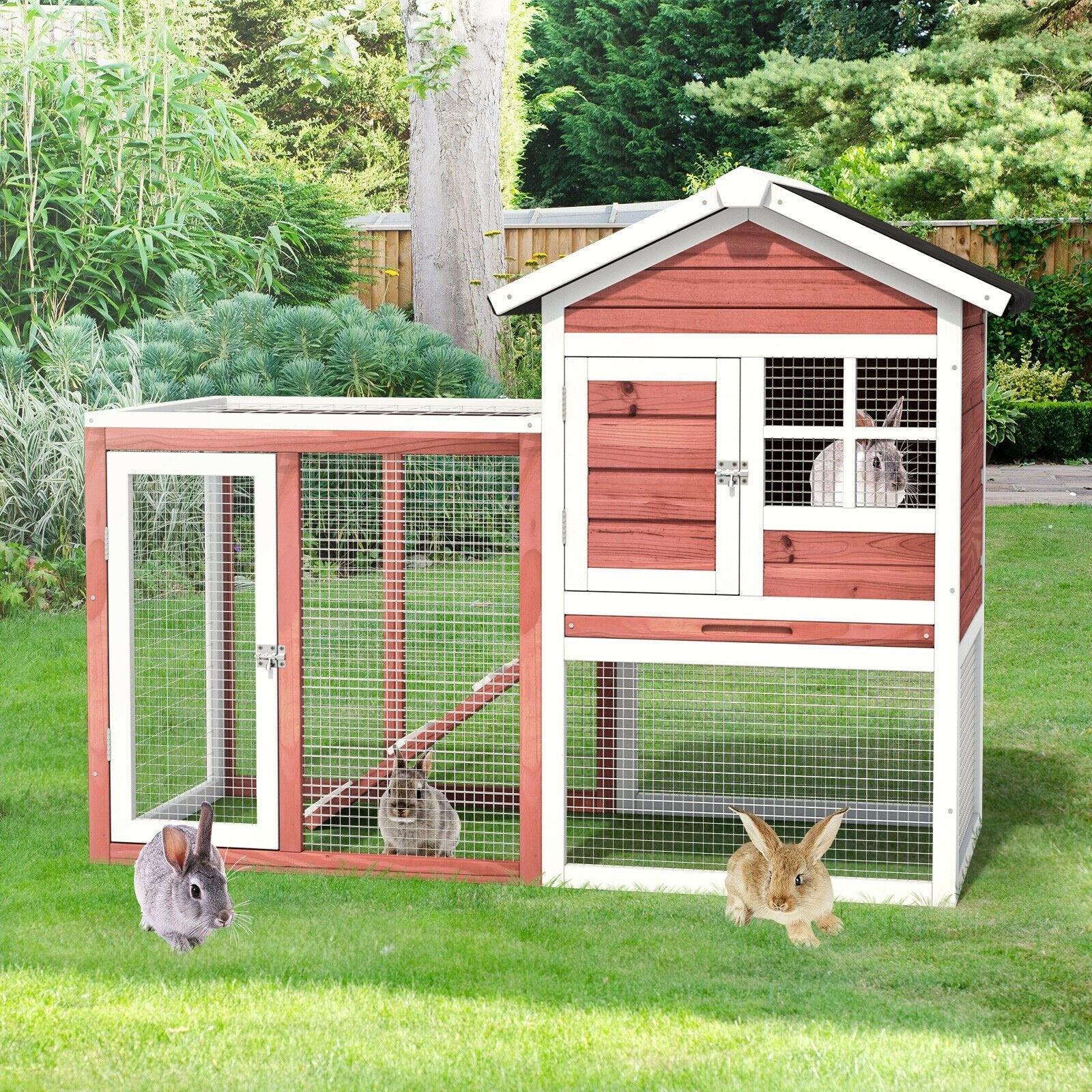 2-Story Wooden Rabbit Hutch with Running Area-Gray