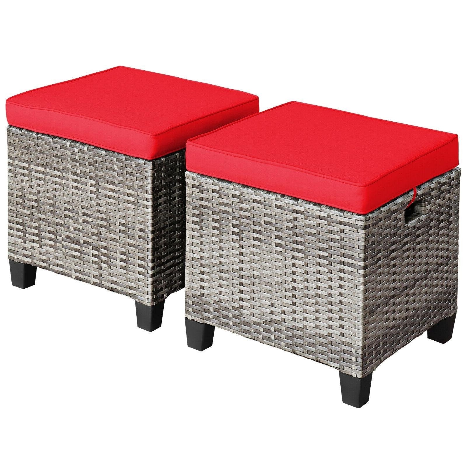 2 Pieces Patio Rattan Ottoman Seat with Removable Cushions-Beige