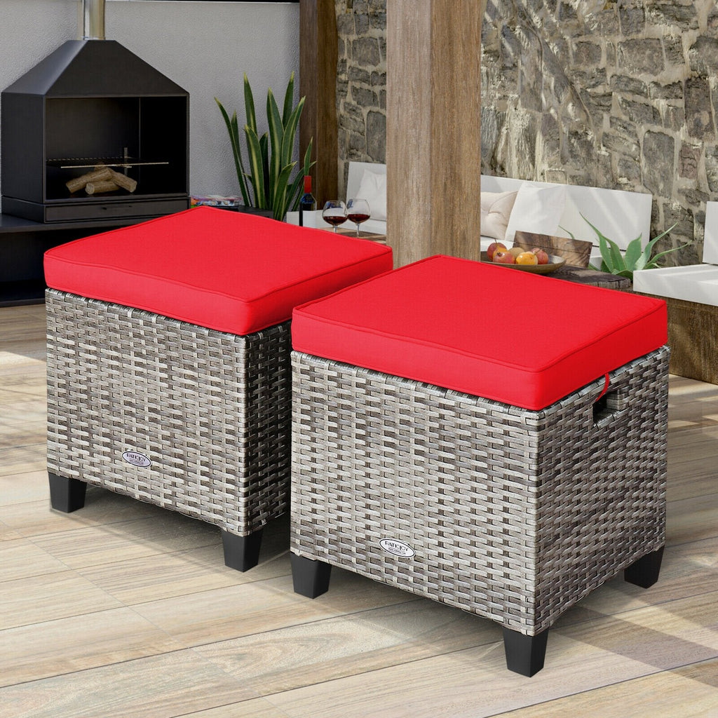 2 Pieces Patio Rattan Ottoman Seat with Removable Cushions-Beige