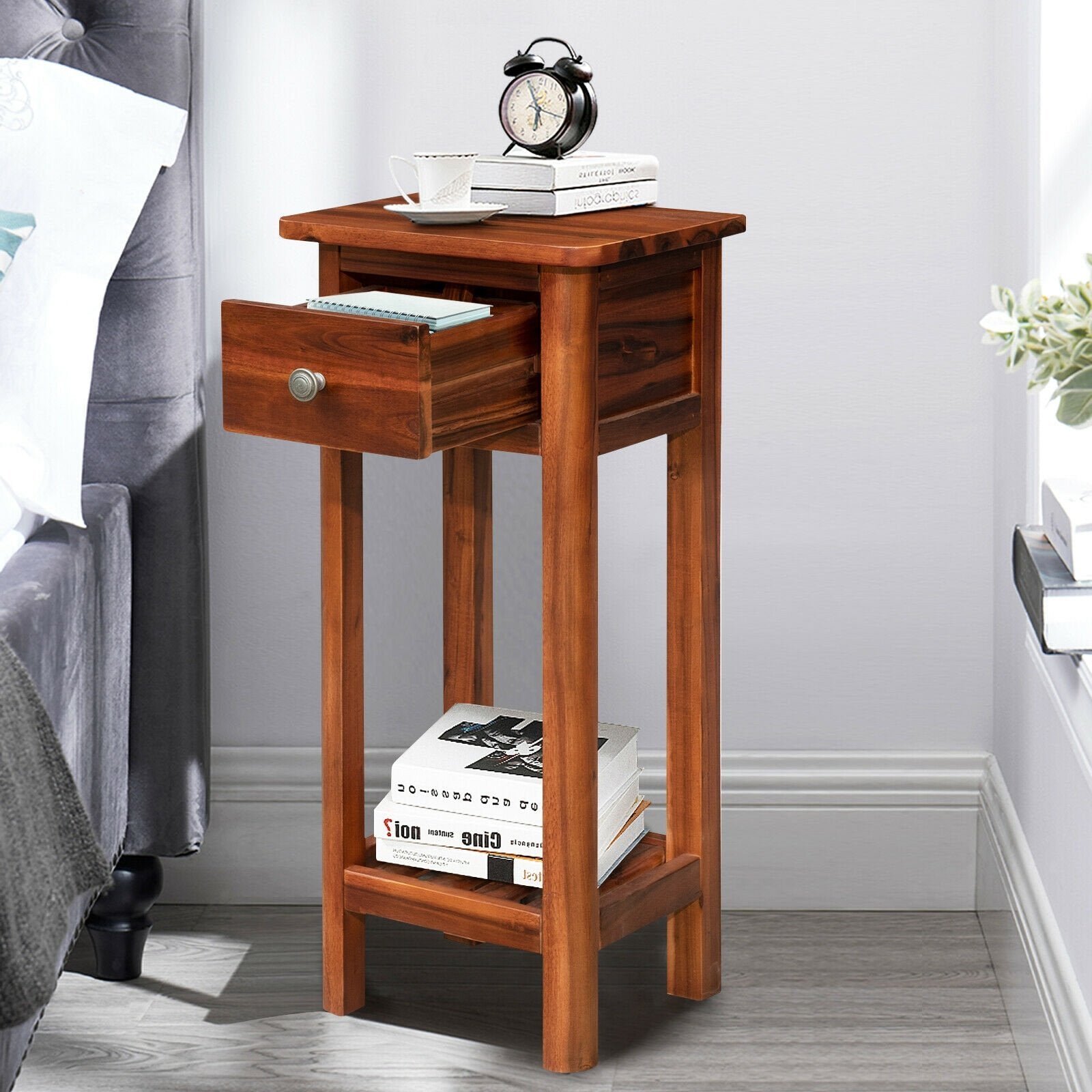 2 Tier Slim Nightstand Bedside Table with Drawer Shelf-Black