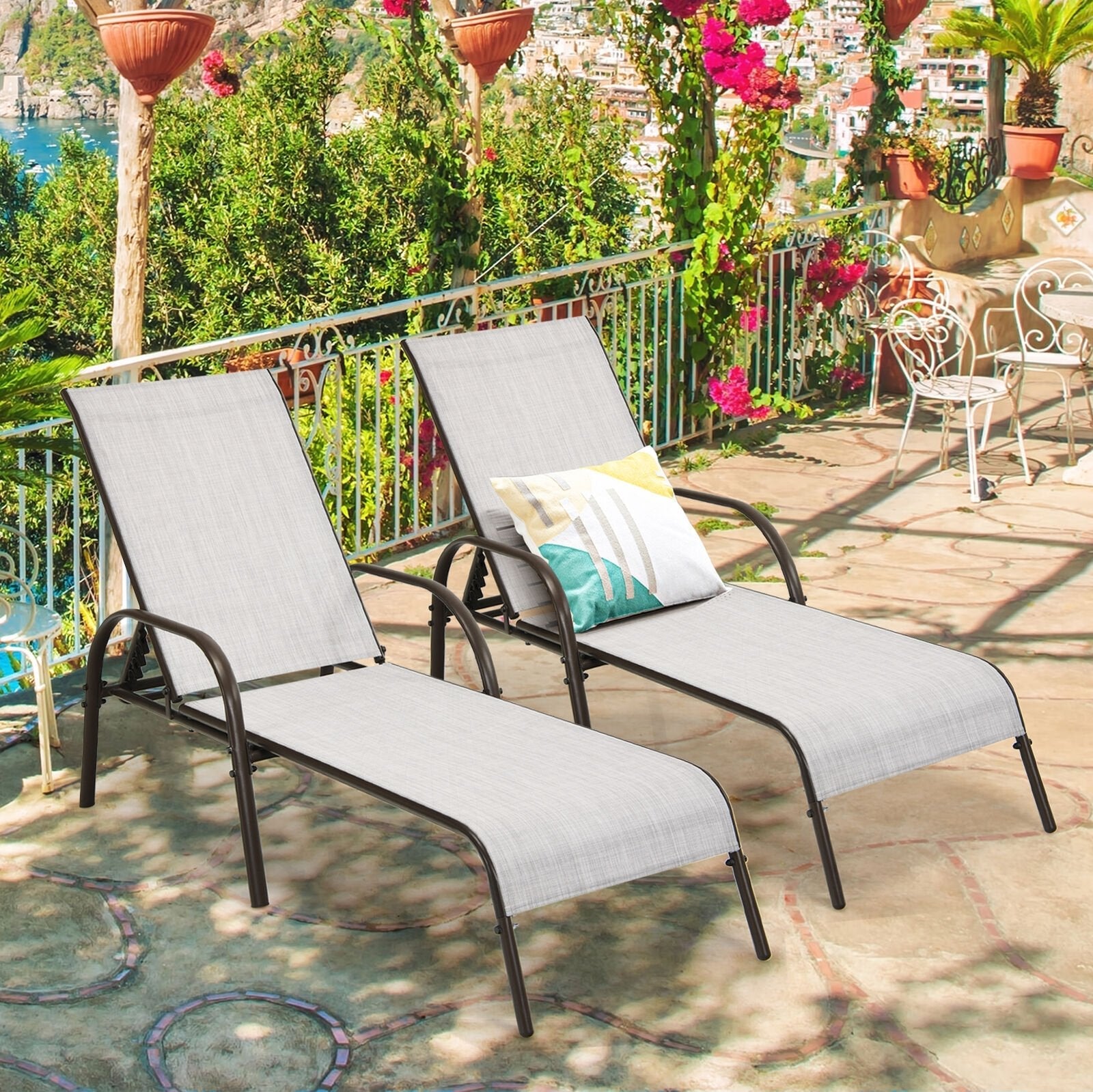 2 Pieces Outdoor Patio Lounge Chair Chaise Fabric with Adjustable Reclining Armrest-Black