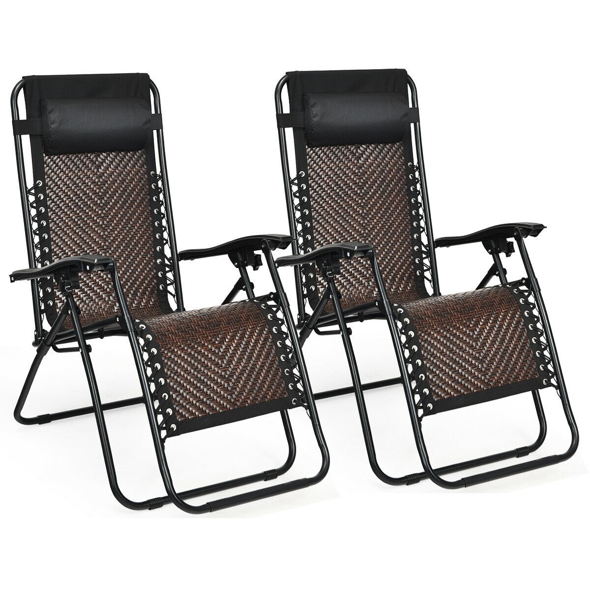 2 Pieces Folding Patio Rattan Zero Gravity Lounge Chair-Brown