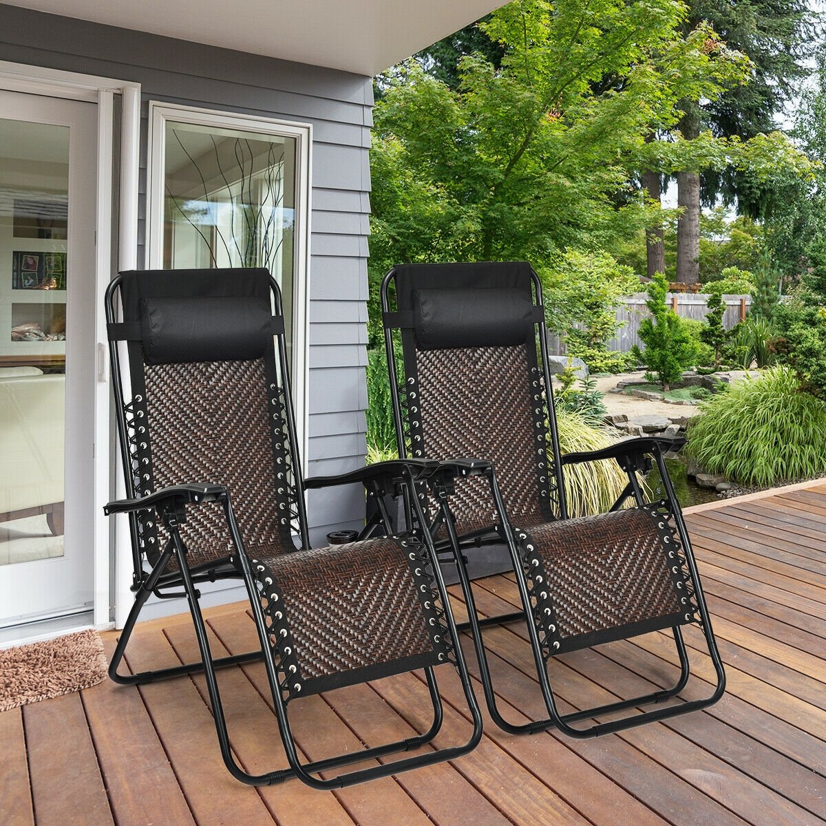 2 Pieces Folding Patio Rattan Zero Gravity Lounge Chair-Brown