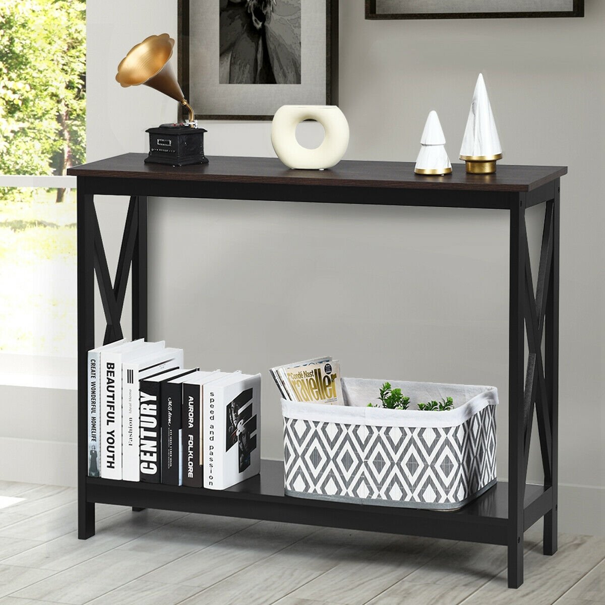 2-Tier Console X-Design Sofa Side Accent Table-Black