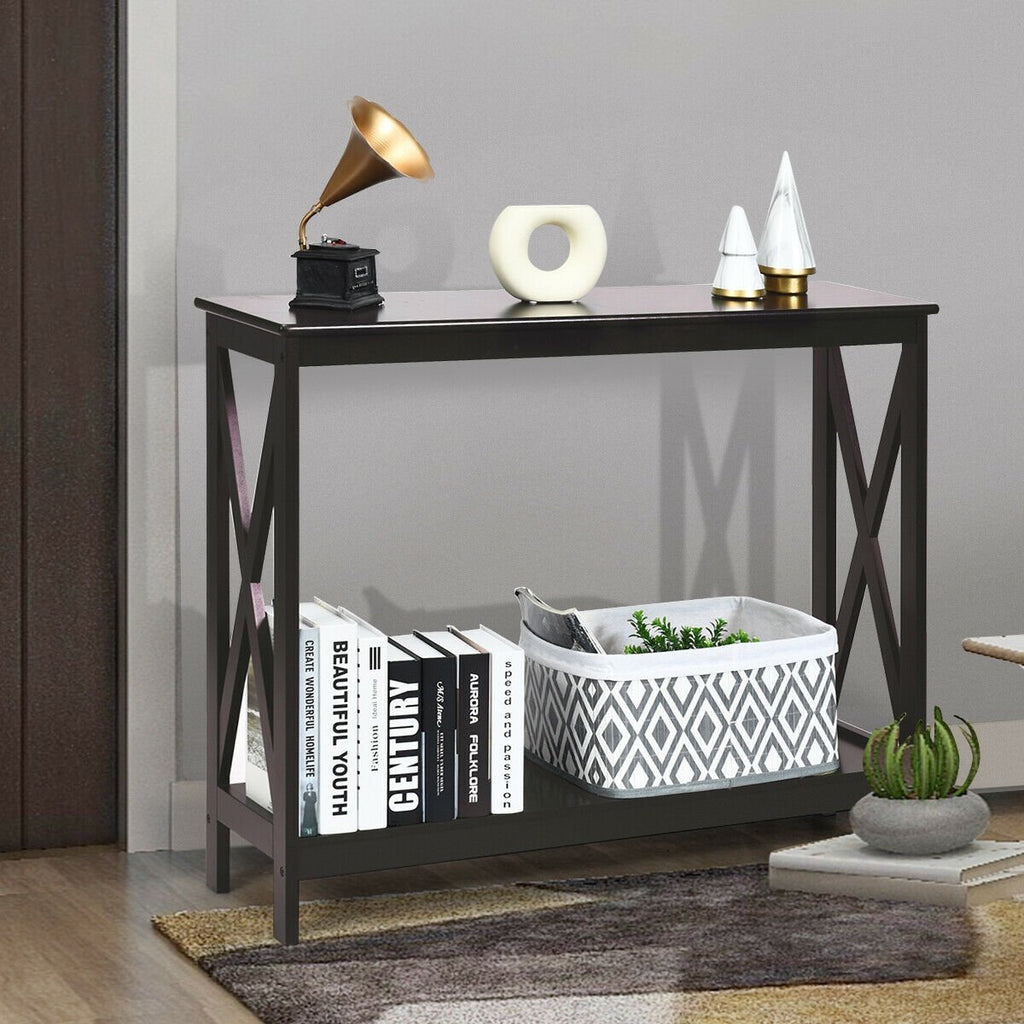 2-Tier Console X-Design Sofa Side Accent Table-Black