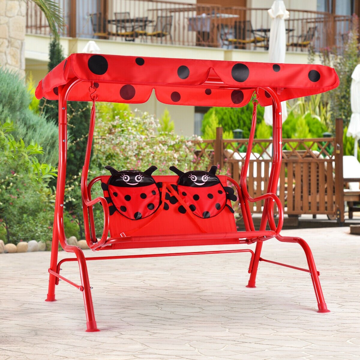 2-Seater Kids Patio Swing with Metal Stand and Adjustable Canopy-Bule