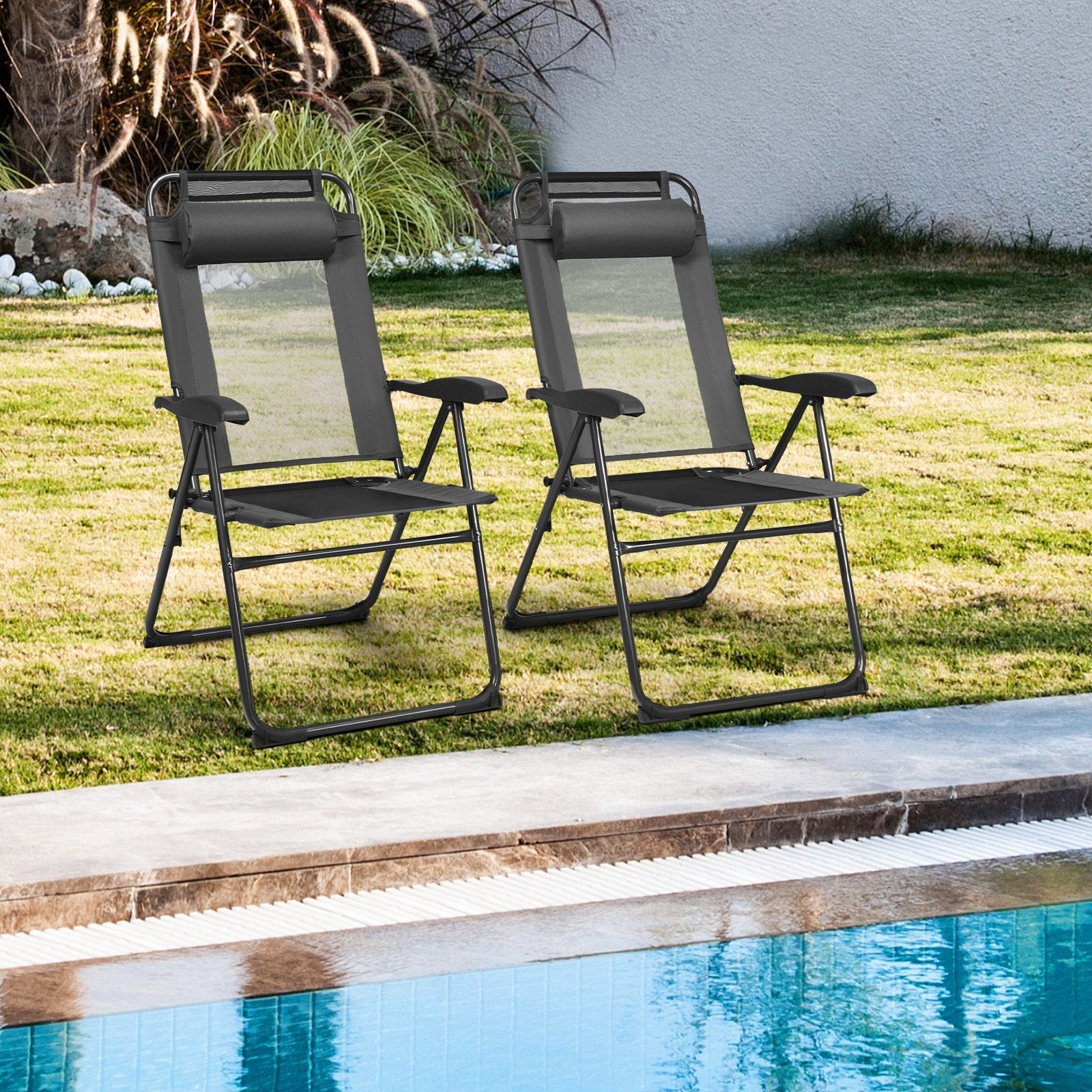 2 Pieces Patio Adjustable Folding Recliner Chairs with 7 Level Adjustable Backrest-Black