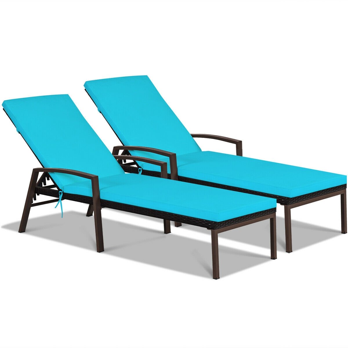 2 Pieces Patio Rattan Reclining Chaise Lounge Chair with Cushion and Armrest-Turquoise and White