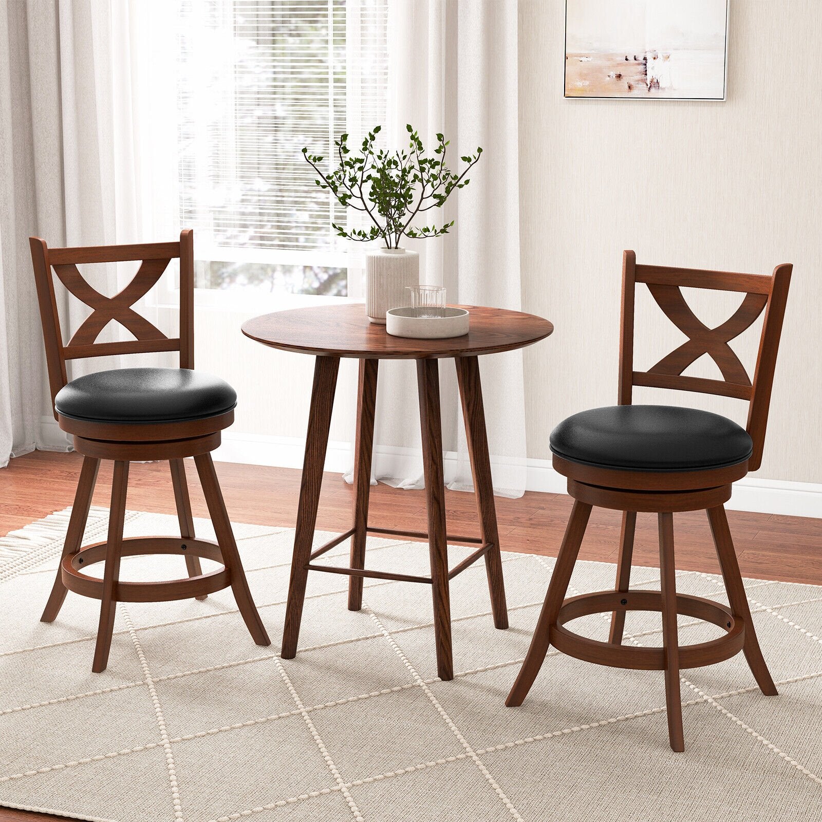 2 Pieces Classic Counter Height Swivel Bar Stool Set with X-shaped Open Back-M