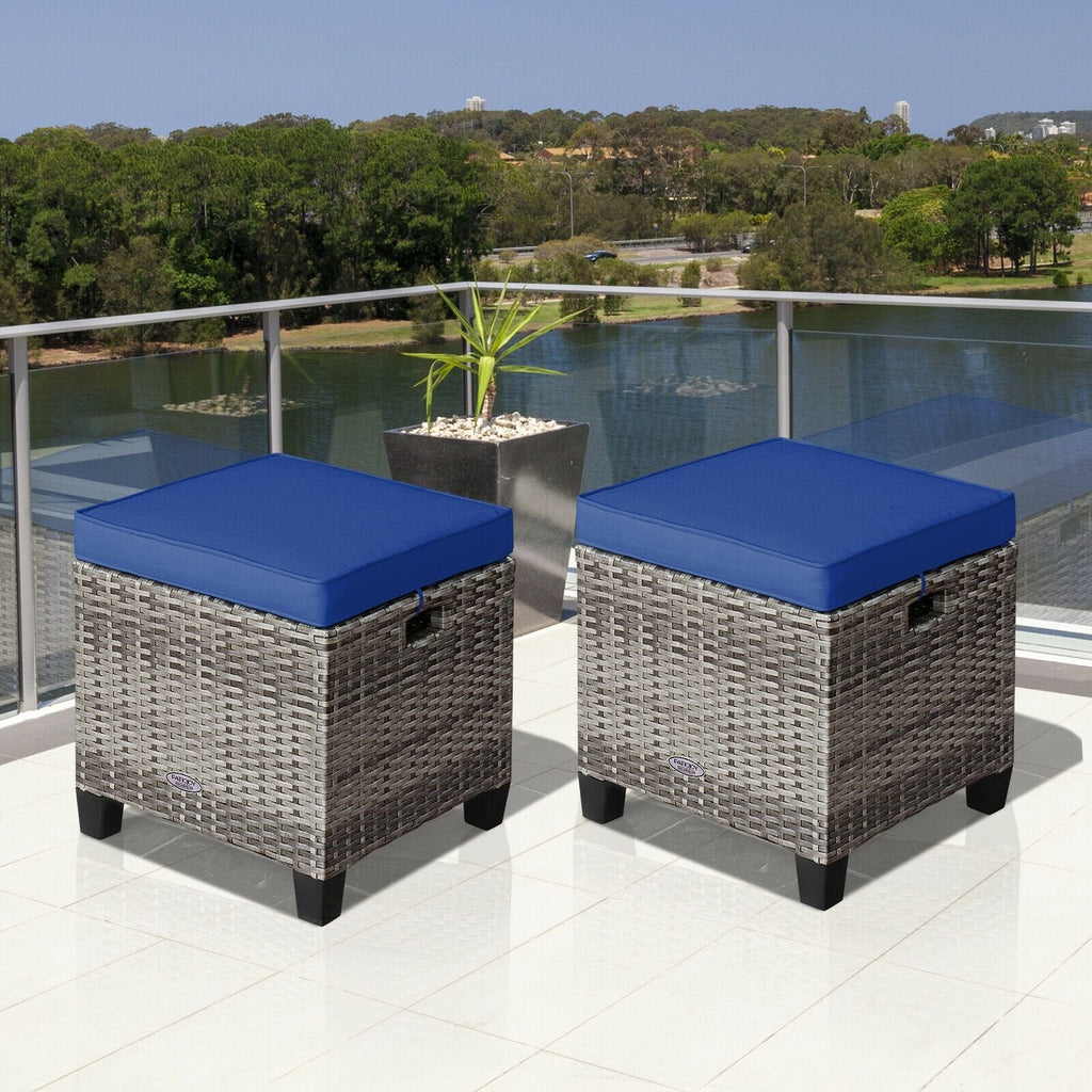 2 Pieces Patio Rattan Ottoman Seat with Removable Cushions-Beige