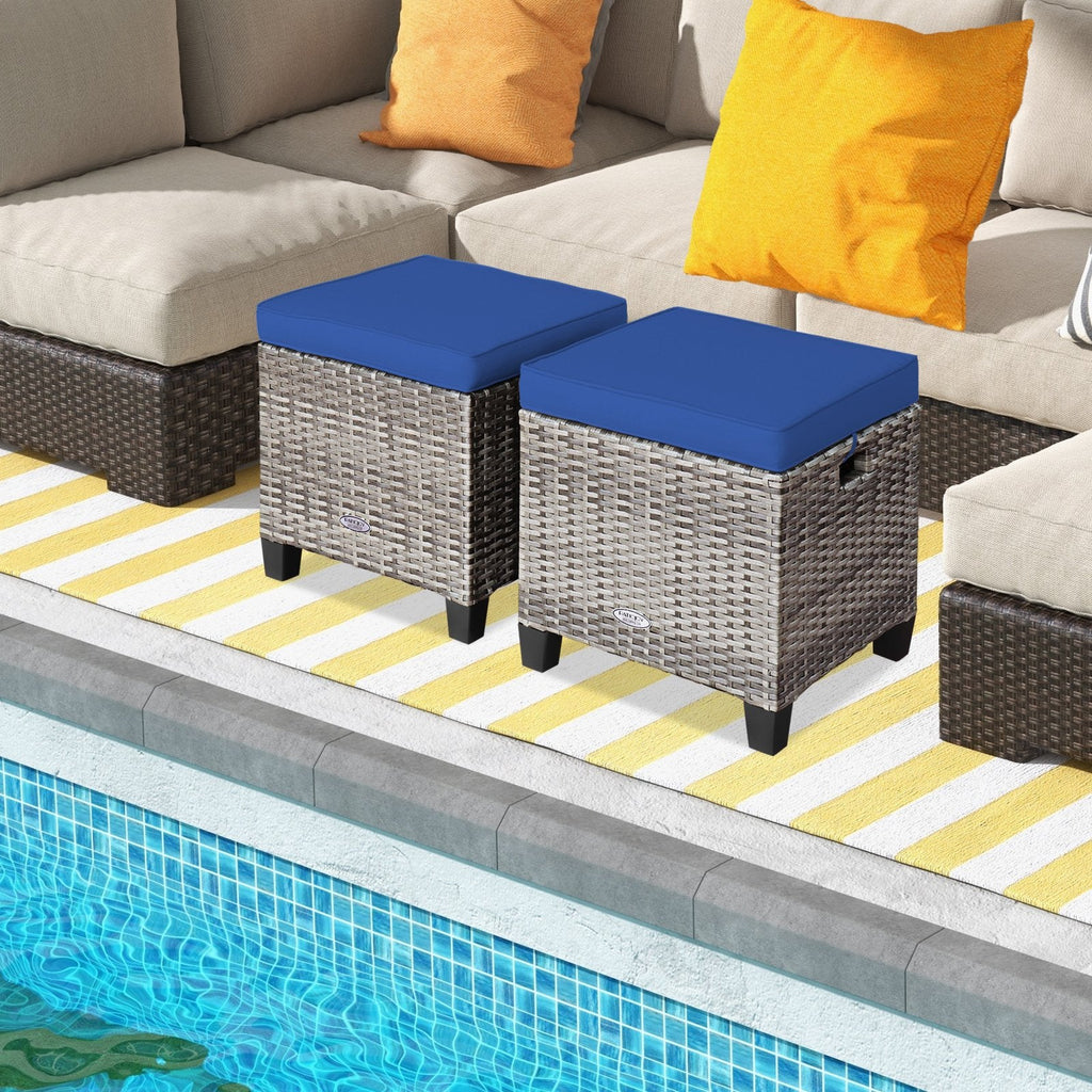2 Pieces Patio Rattan Ottoman Seat with Removable Cushions-Beige