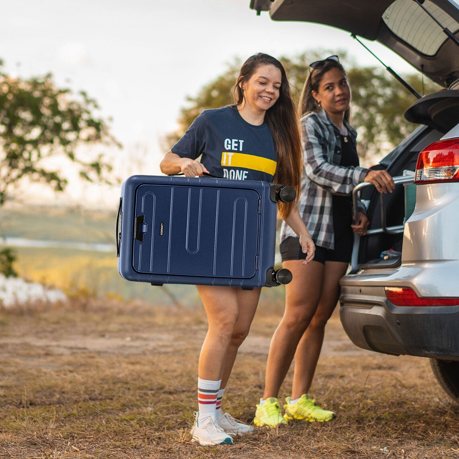 20 Inch Carry-on Luggage PC Hardside Suitcase TSA Lock with Front Pocket and USB Port-Black