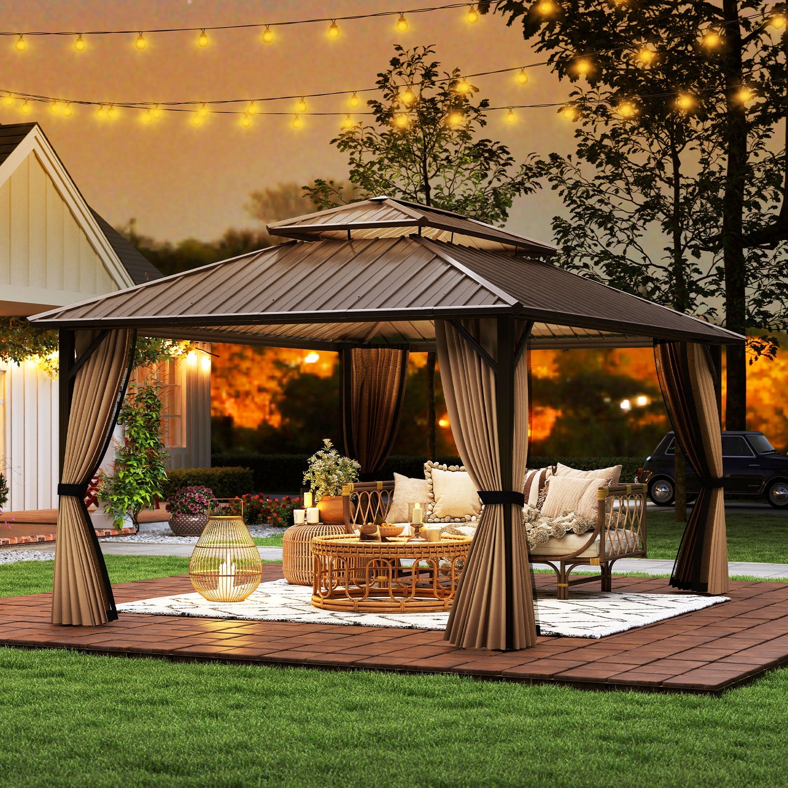 16 x 12 FT Hardtop Gazebo Outdoor Pergola for Patio Garden Deck Lawn Backyard Party Tent-Coffee