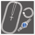 16mm Cuban Link Chain, Rope Cross Chain, Blue Face Watch, Bracelet Set