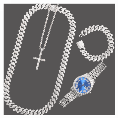 16mm Cuban Link Chain, Rope Cross Chain, Blue Face Watch, Bracelet Set