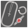 16mm Silver Cuban Link Chain, Rope Cross Chain, Red Face Watch, Bracelet Set