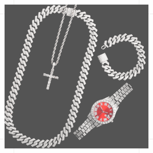 16mm Silver Cuban Link Chain, Rope Cross Chain, Red Face Watch, Bracelet Set