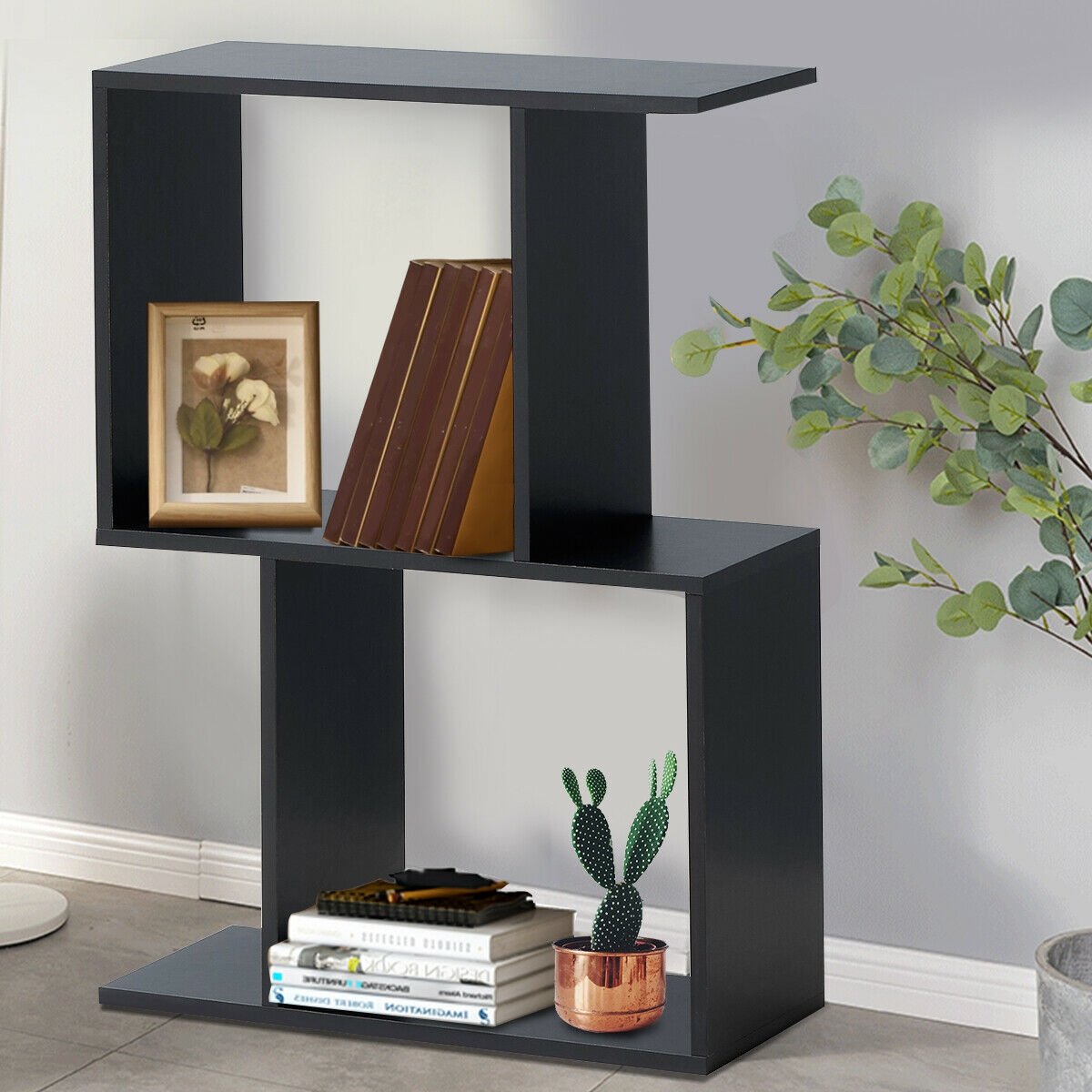 2/3/4 Tiers Wooden S-Shaped Bookcase for Living Room Bedroom Office-4-Tier