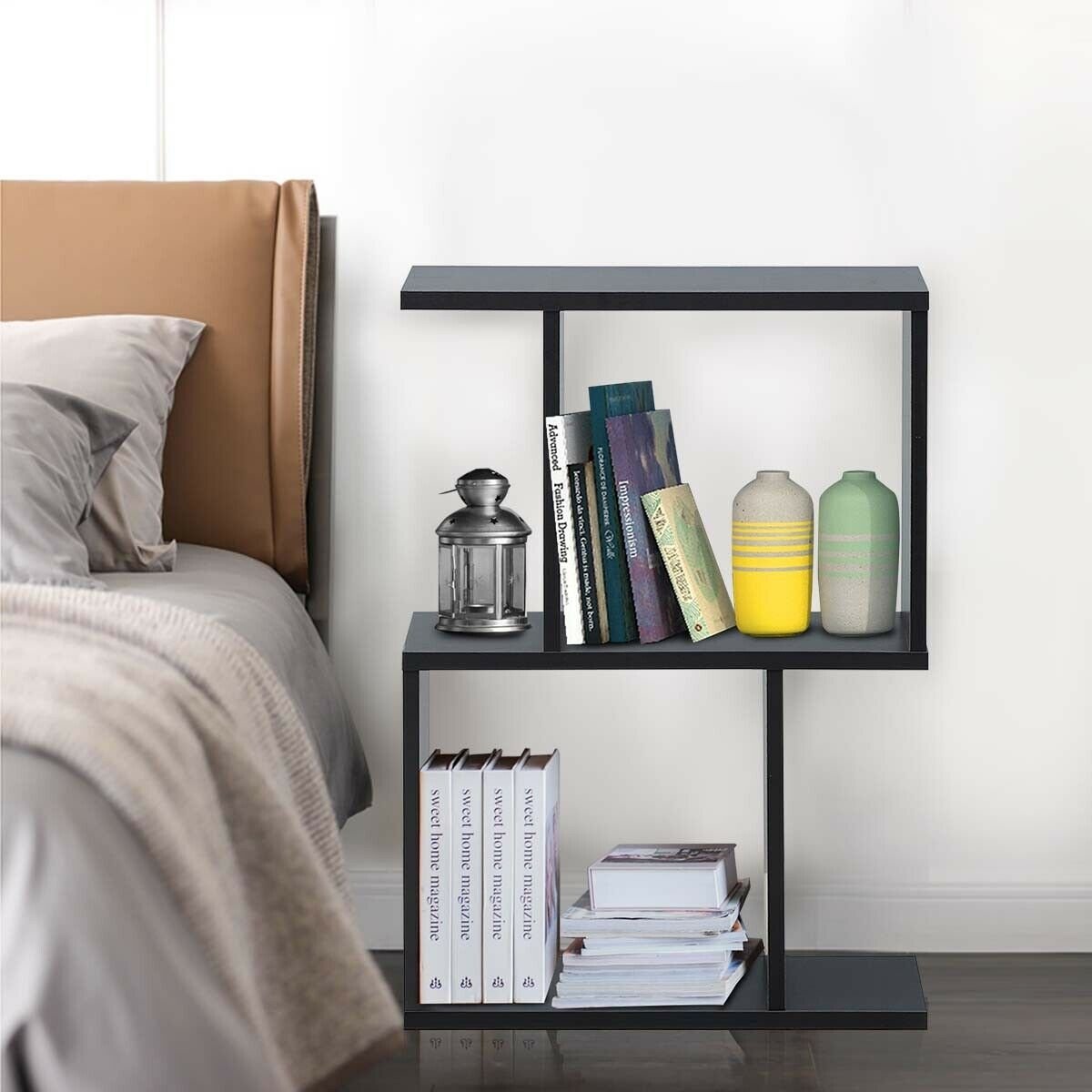 2/3/4 Tiers Wooden S-Shaped Bookcase for Living Room Bedroom Office-4-Tier