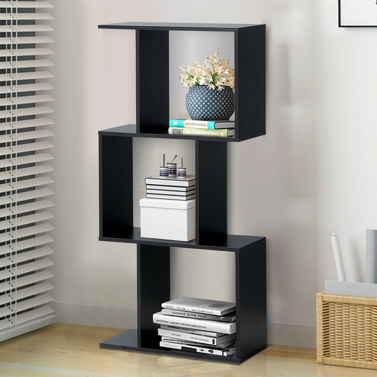 2/3/4 Tiers Wooden S-Shaped Bookcase for Living Room Bedroom Office-4-Tier