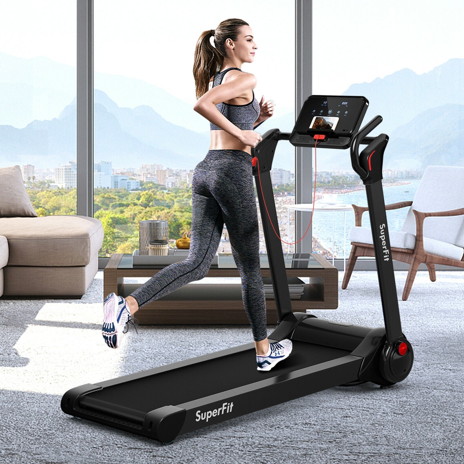 2.25 HP Electric Motorized Folding Running Treadmill Machine with LED Display and APP Control-Black