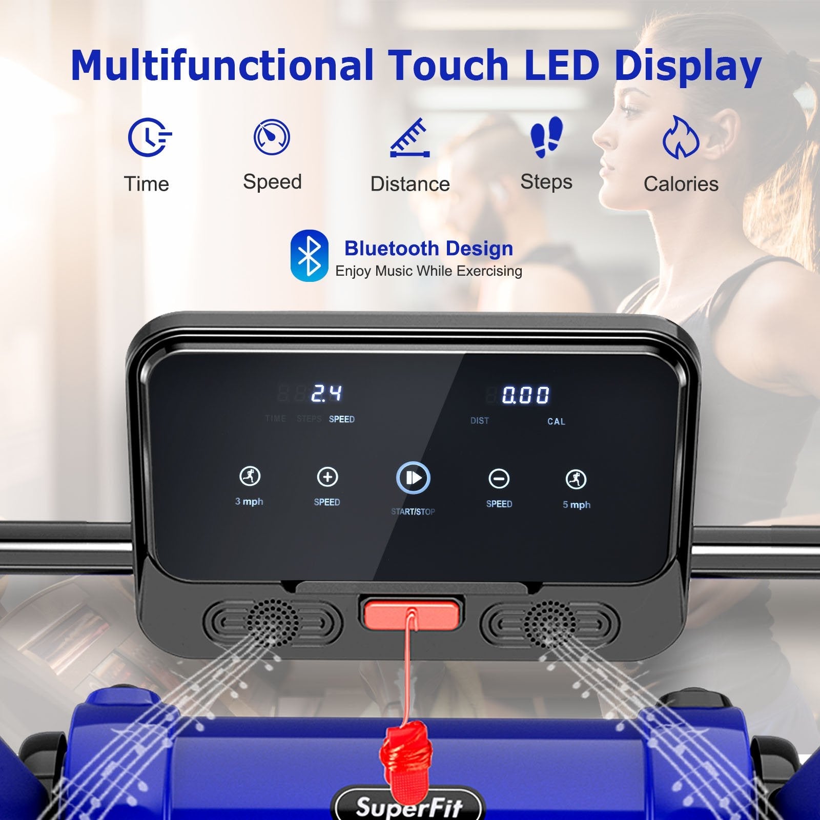 2.25 HP Electric Motorized Folding Running Treadmill Machine with LED Display and APP Control-Black