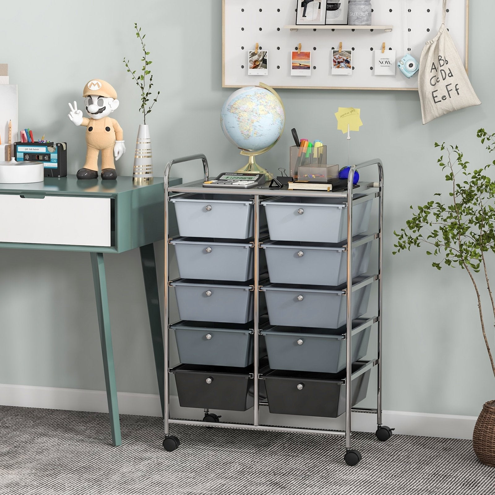 10-Drawer Rolling Storage Cart-Beige & Gray