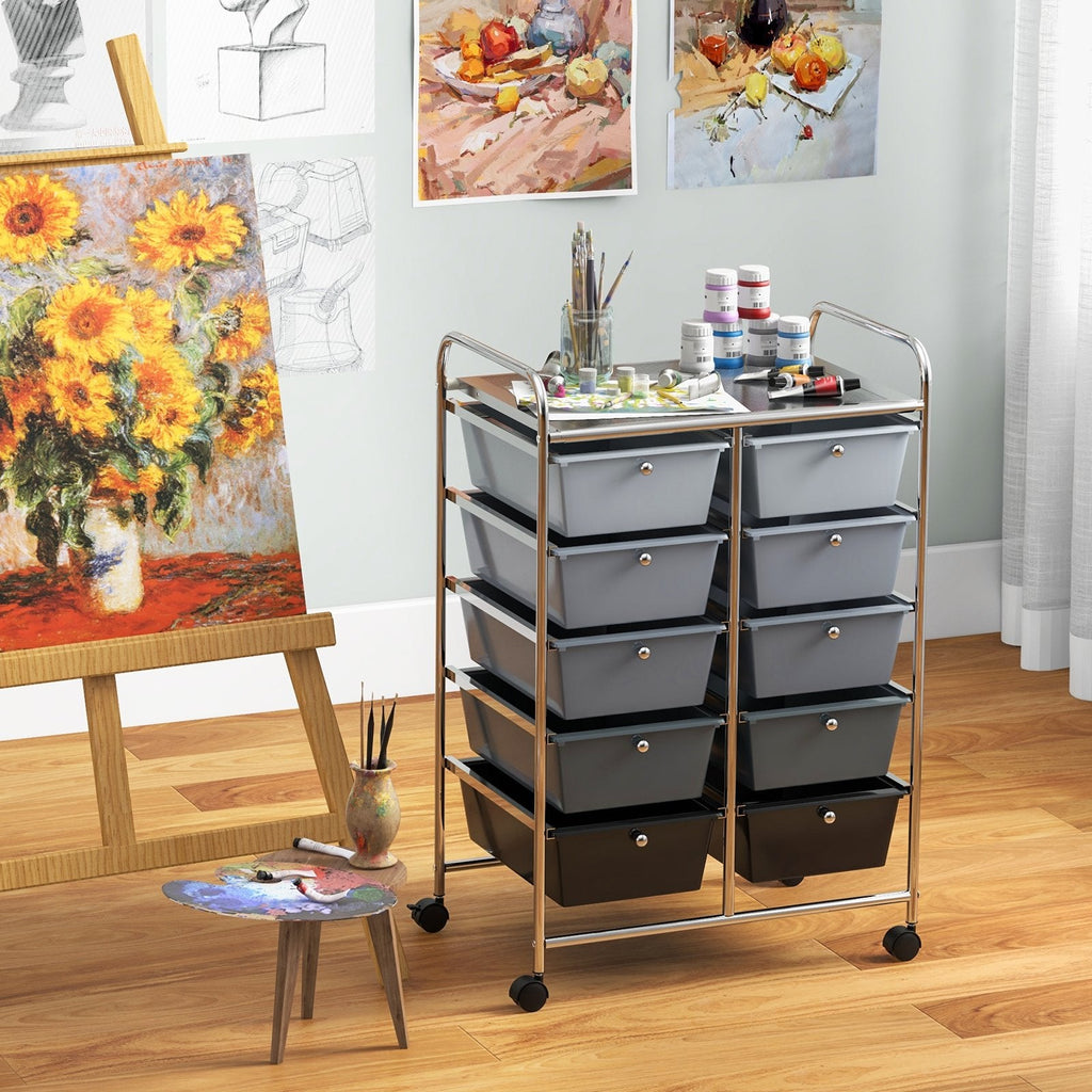 10-Drawer Rolling Storage Cart-Beige & Gray