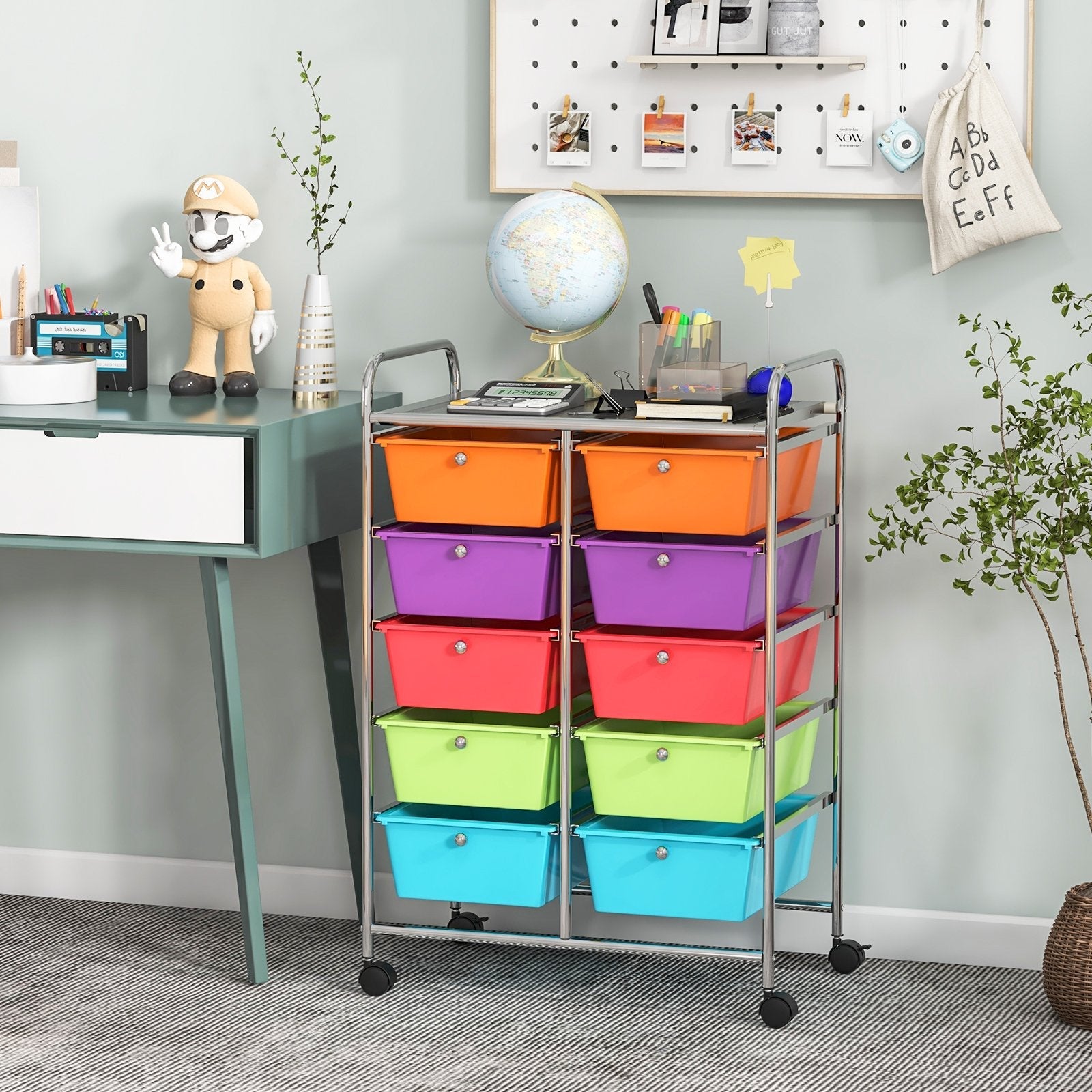 10-Drawer Rolling Storage Cart-Beige & Gray