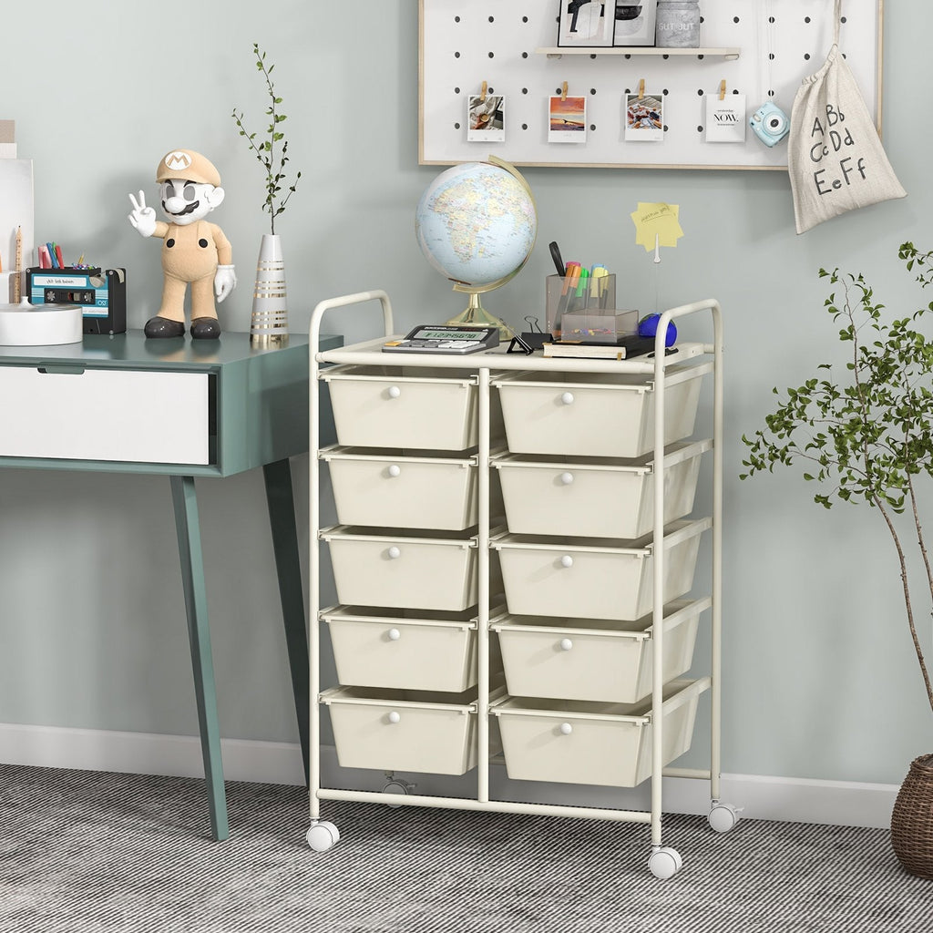 10-Drawer Rolling Storage Cart-Beige & Gray