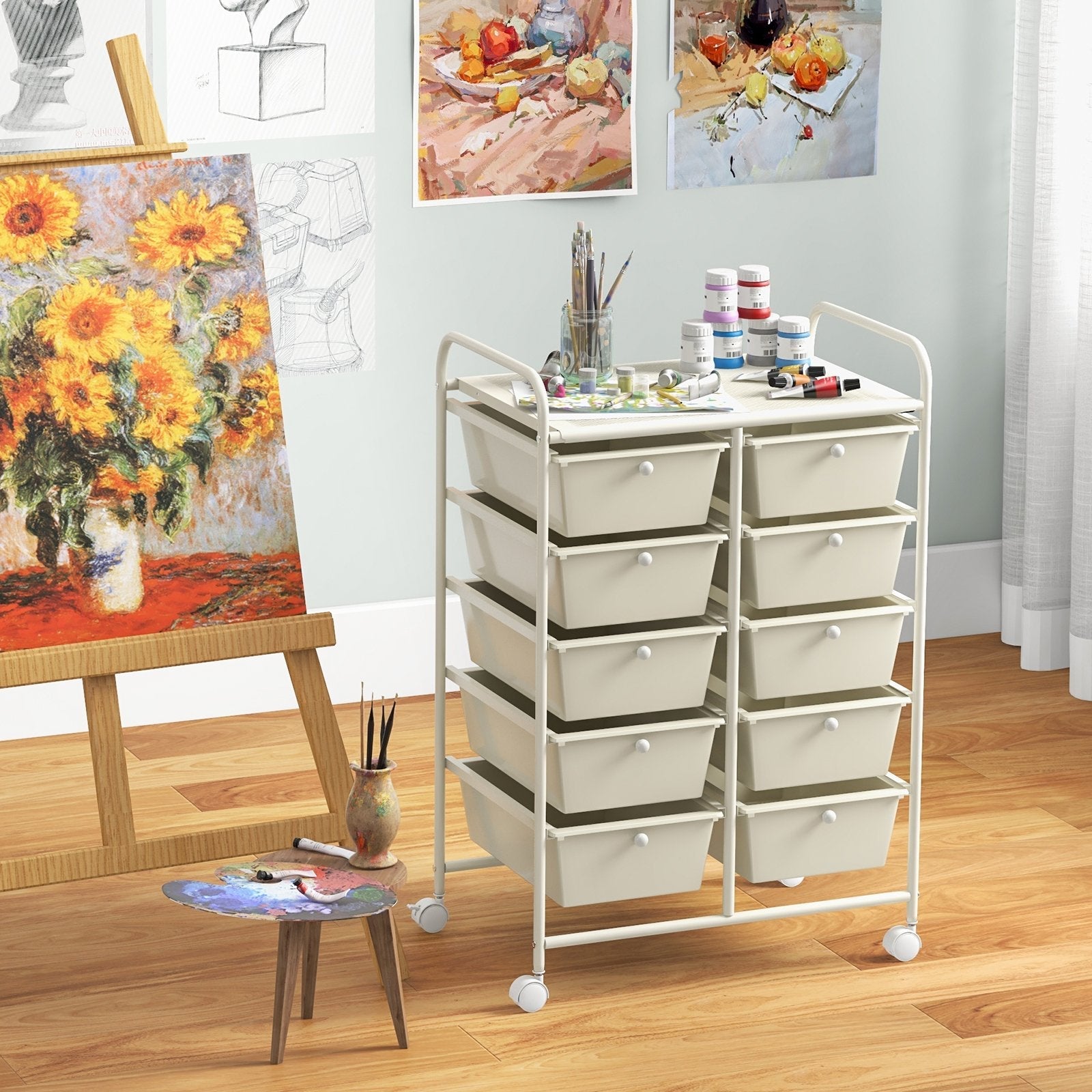 10-Drawer Rolling Storage Cart-Beige & Gray