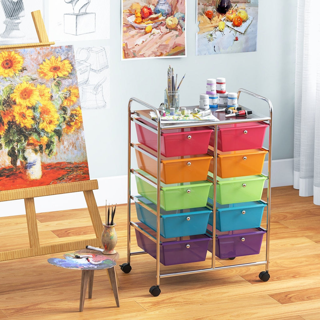 10-Drawer Rolling Storage Cart-Beige & Gray