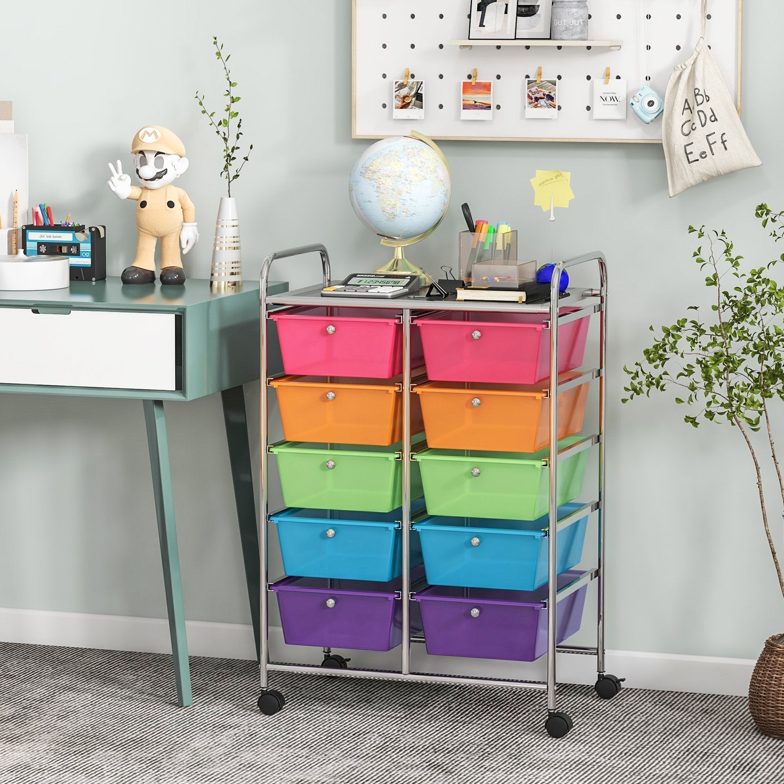 10-Drawer Rolling Storage Cart-Beige & Gray