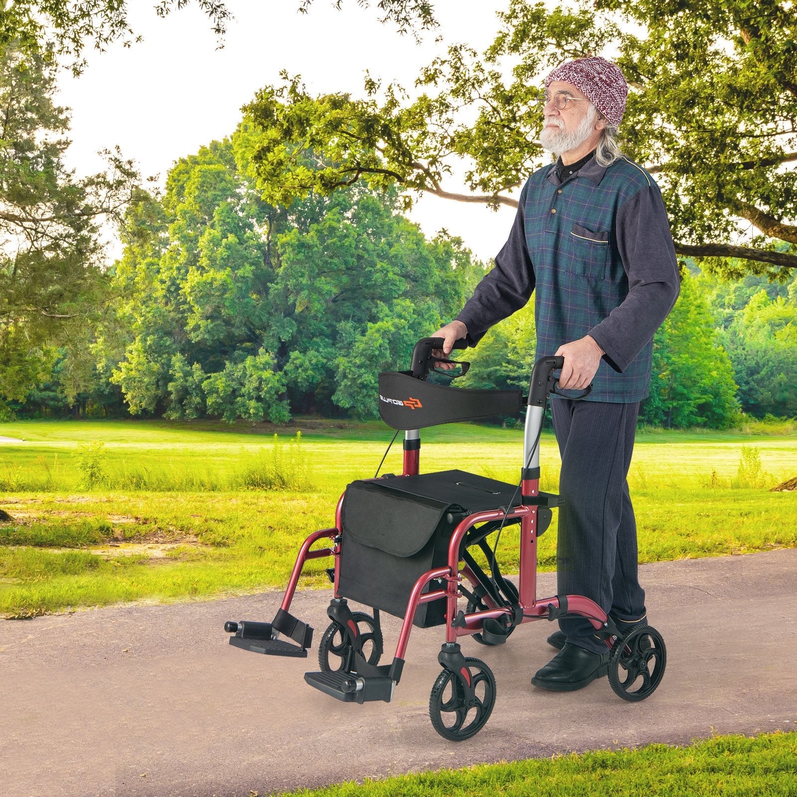 2-in-1 Adjustable Folding Handle Rollator Walker with Storage Space-Black