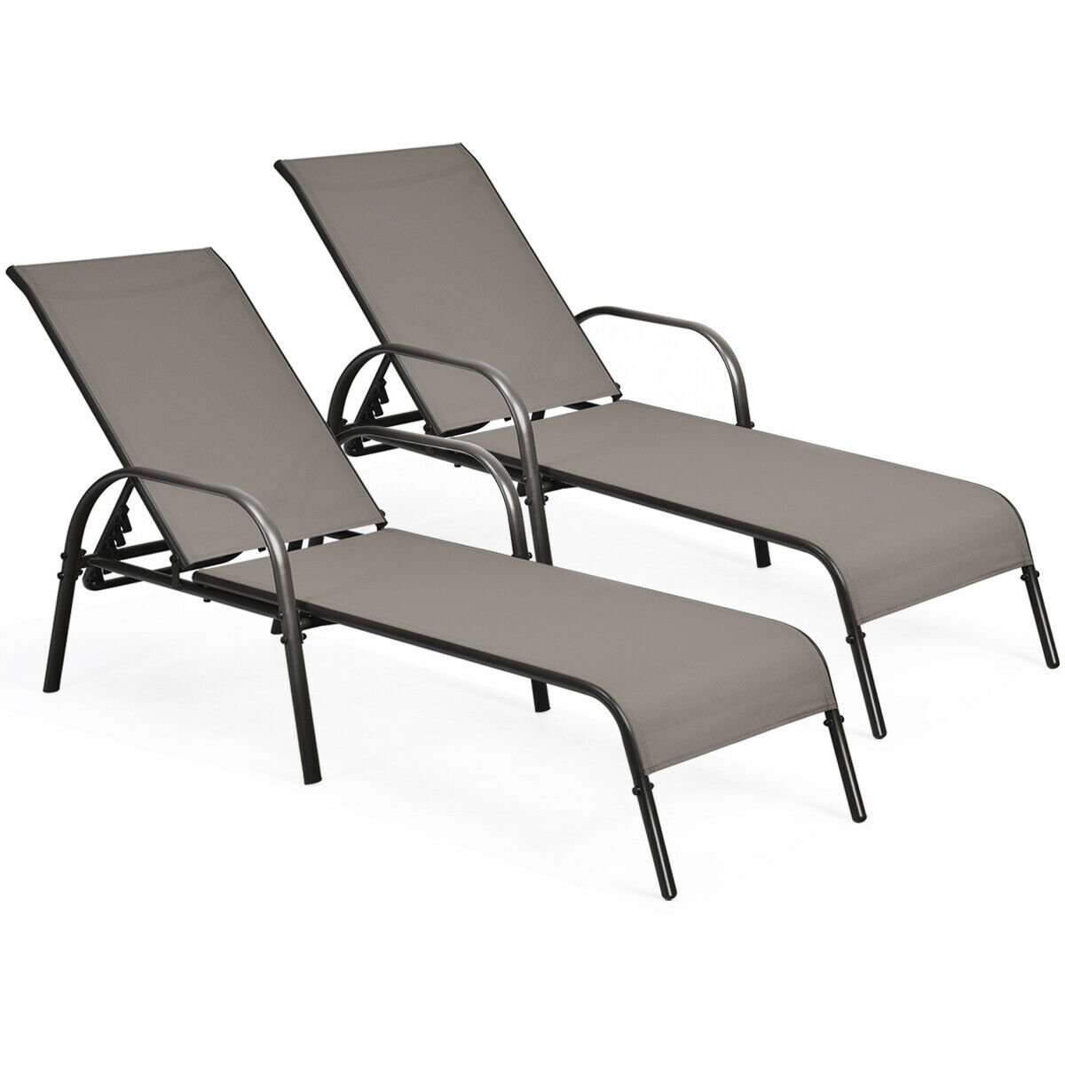 2 Pieces Outdoor Patio Lounge Chair Chaise Fabric with Adjustable Reclining Armrest-Black